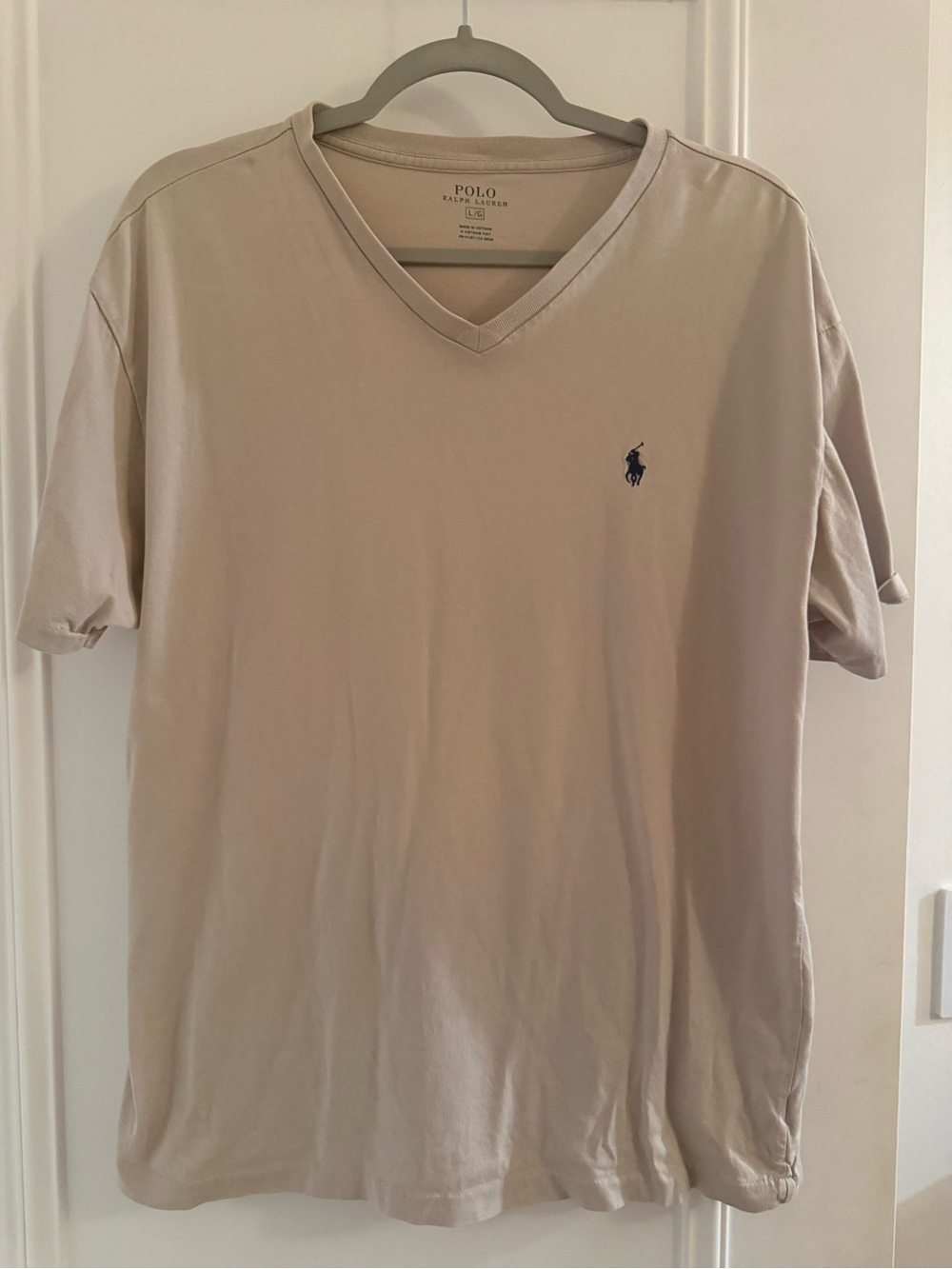 Polo by Ralph Lauren Men’s V-Neck Tee - Light Beige with Navy Logo